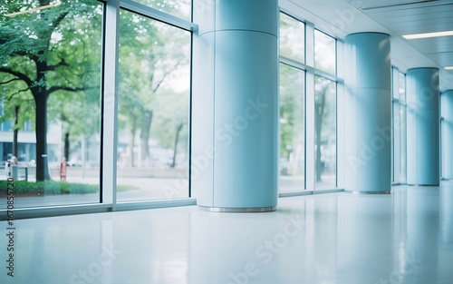 Modern office building interior with large windows and blue columns