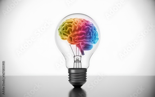 Colorful human brain inside a clear light bulb symbolizing ideas and innovation