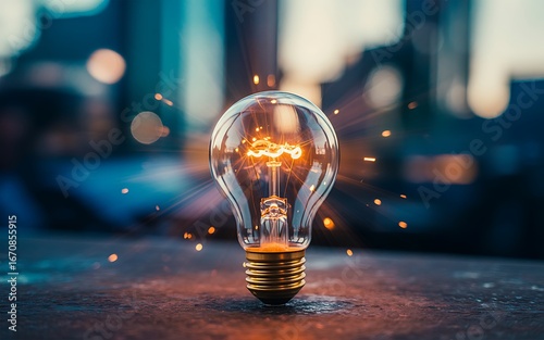 Glowing incandescent light bulb with sparks of inspiration and ideas