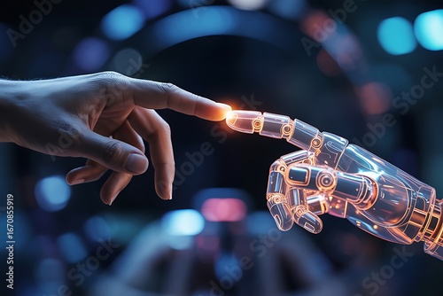 Human and robot hands touching in a futuristic digital environment