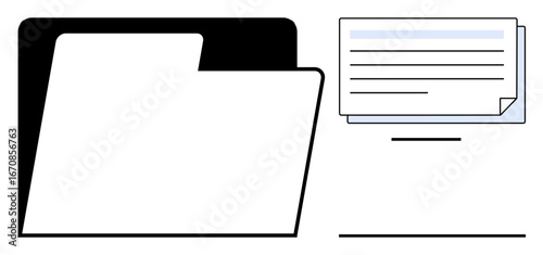 Open black file folder beside stacked paper sheets signifies document storage, digital records, and data organization. Ideal for office tasks, filing systems, project planning, archiving, paperwork