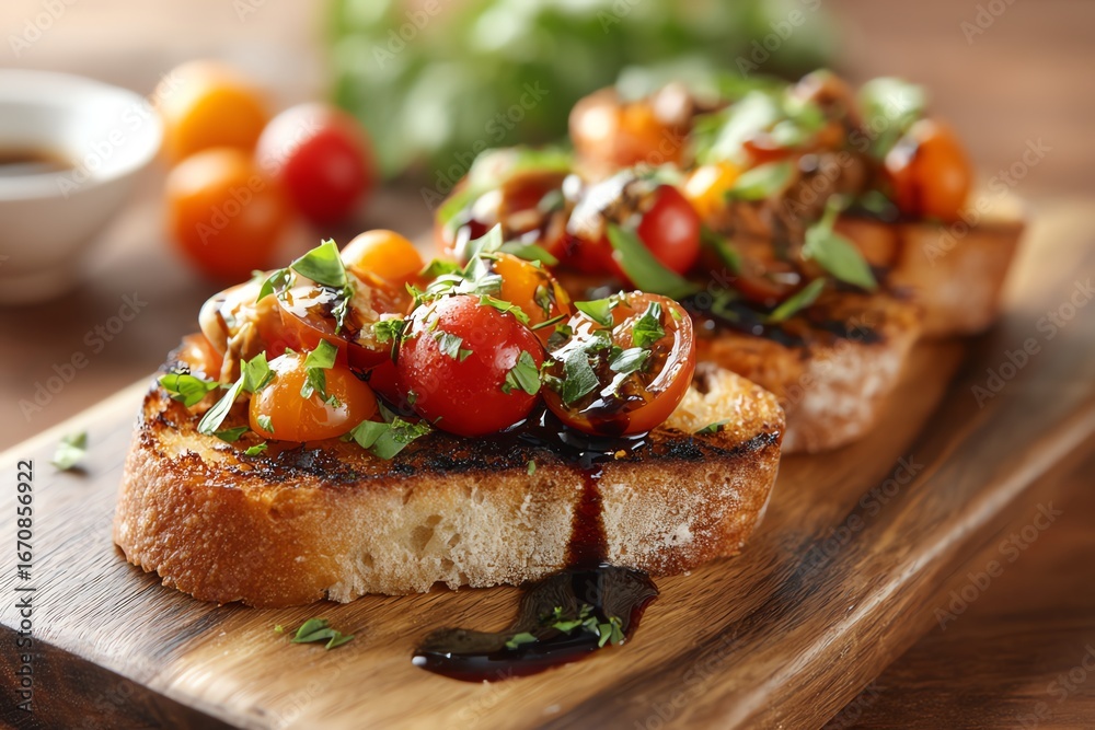 gourmet bruschetta with cherry tomatoes, basil, and balsamic glaze on artisan bread, cozy table setup gourmet bruschetta with cherry tomatoes, basil, and balsamic glaze on artisan bread, cozy table setup