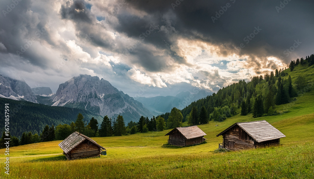 Obraz premium idyllic mountain landscape with wooden cabins and dramatic cloudy skies