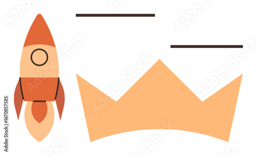 Rocket launching near a crown represents innovation, success, leadership, achievement, and ambition. Ideal for startups, growth, creativity, motivation ambition leadership simple flat metaphor