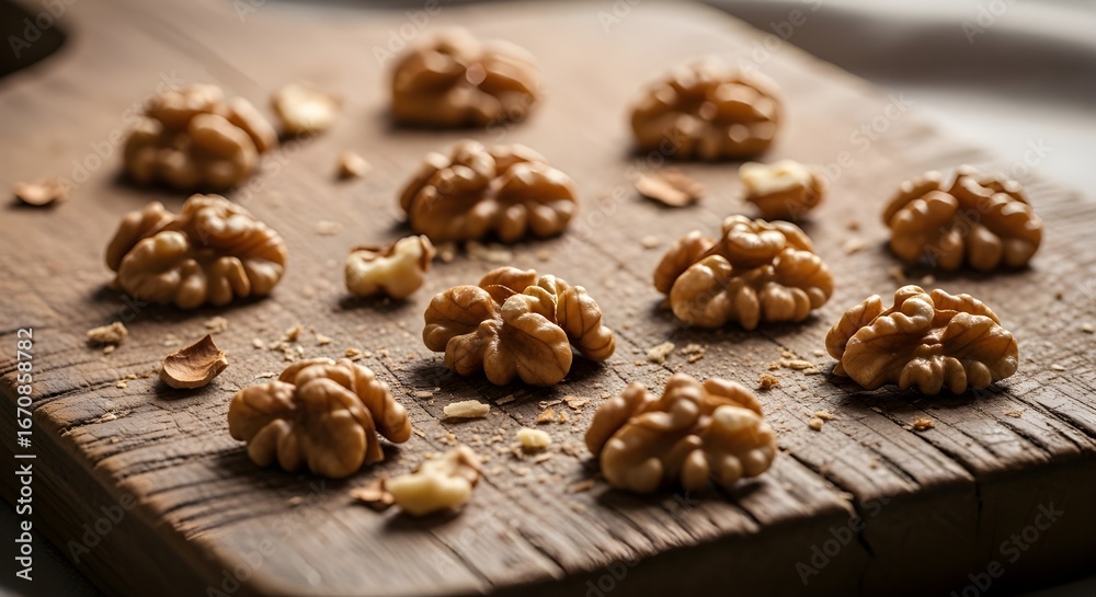 Obraz premium Fresh, natural walnuts artfully arranged on a rustic wooden board, perfect for healthy eating inspiration