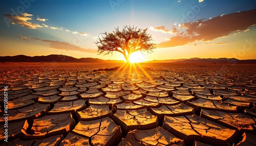 Dramatic Desert Landscape with Cracked Earth and Sunset