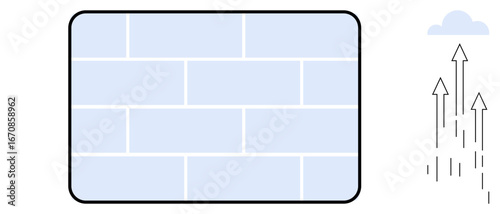Brick wall representing challenges with arrows and a cloud symbolizing growth, progress, and achievement. Ideal for overcoming difficulty, resilience, innovation, determination, career, change