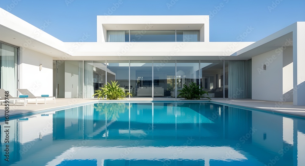 Fototapeta premium Modern luxury villa with pristine swimming pool and sun loungers on a bright sunny day