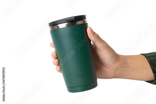 A person's hand grips a modern dark green insulated travel mug, a reusable and eco-friendly tumbler for hot coffee or tea, isolated on a clean white background