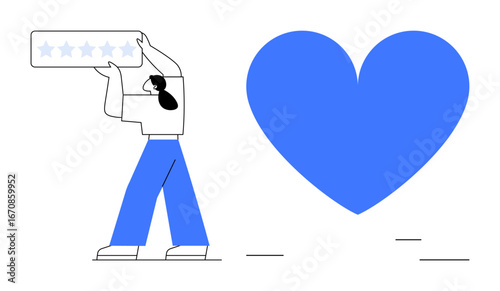 Woman raising five-star rating panel beside a large blue heart. Ideal for feedback, reviews, customer service, satisfaction, quality assurance, love for brand, simple landing page