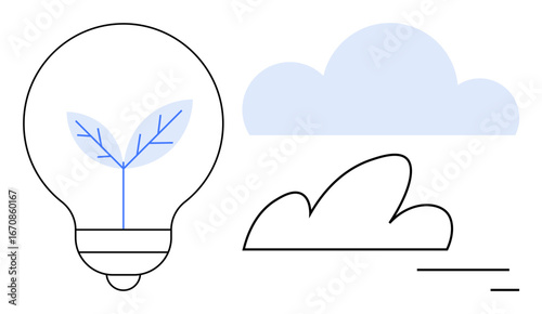 Leaf growing inside a light bulb symbolizing sustainability and innovation, accompanied by clouds reflecting renewable energy and ecological balance. Ideal for environment, sustainability