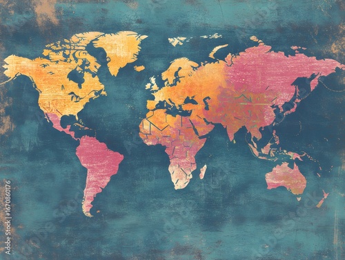 Artistic World Map Vintage Grunge Texture Travel Global Design