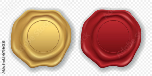 Vector 3d Realistic Wax Seal Set, Isolated. Red, Gold Vintage Wax Stamp. Antique Sealing Wax Emblem. Retro Envelope Closure. Classic Heraldic Insignia. Wax Badge for Invitation, Certificate