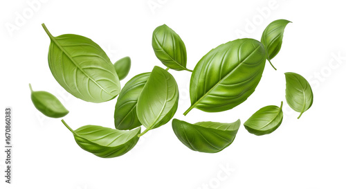 Fresh basil leaves in air on white background