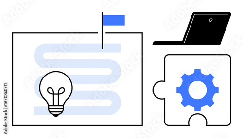 Lightbulb on map, puzzle piece with gear, and laptop emphasize effective planning, innovation, and problem-solving. Ideal for strategy, innovation, teamwork, creativity goals problem-solving
