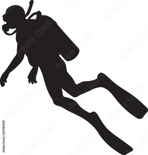 Black silhouette of a scuba diver swimming with fins and oxygen tank diving underwater