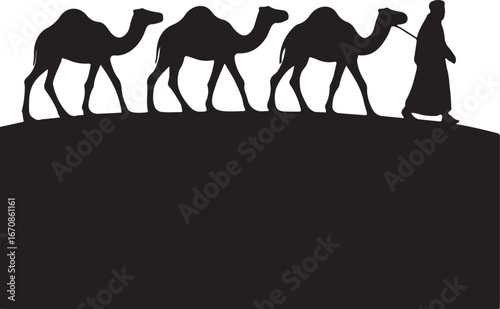 Black silhouette of three camels and a person walking on a dune against a white background desert travel