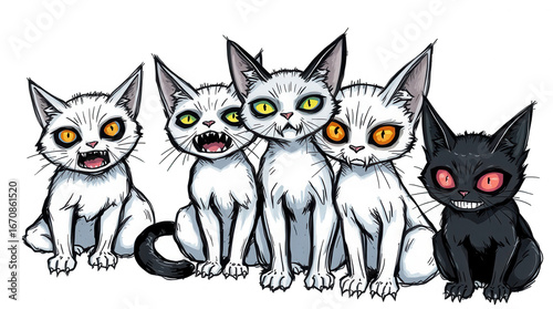 Five imaginative cats with distinct fur colors and vivid eye expressions gather closely showcasing their personalities in a delightful cartoon style