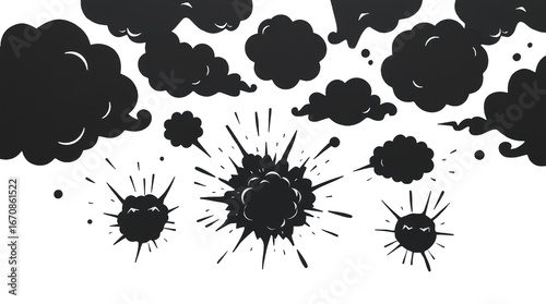 Dramatic black clouds and explosion effects dominate the background showcasing abstract shapes that create a striking visual composition