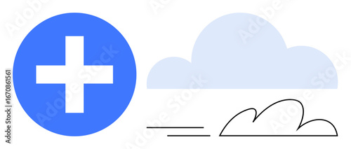 Blue cross, shaded cloud, and minimal lines evoke healthcare, support, safety, and wellness. Ideal for health, sustainability, eco-consciousness technology medicine positivity modern clean