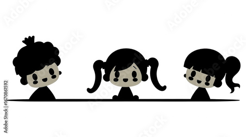 Three cheerful cartoon children are sitting together with smiling faces. Each child displays a unique hairstyle and expression showcasing friendship and joy