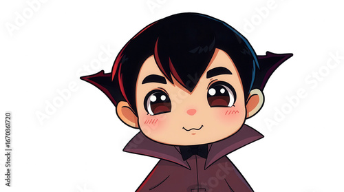 A playful vampire character stands confidently displaying a charming smile and bright eyes
