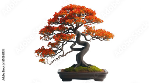 This stunning bonsai tree showcases a twisting trunk and vibrant orange foliage perfectly highlighting the beauty of nature in autumns embrace