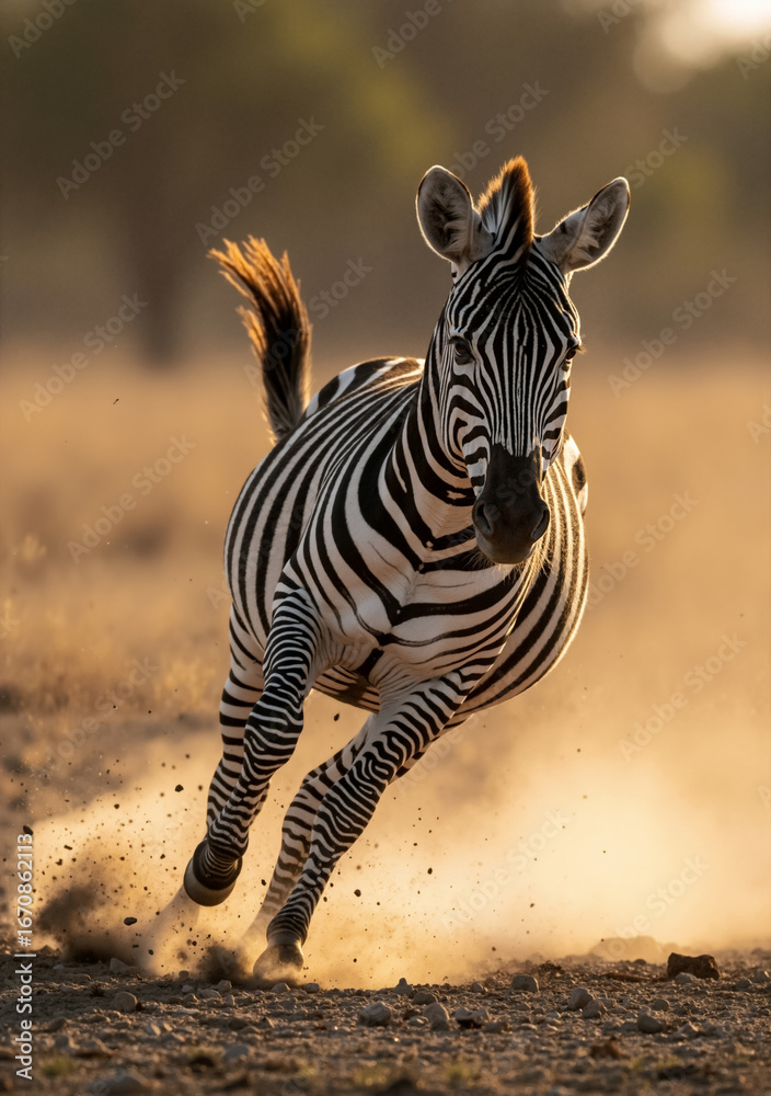 Obraz premium Zebra running towards the camera in the dusty African savanna at sunset. Backlit wild animal in a golden hour action shot.