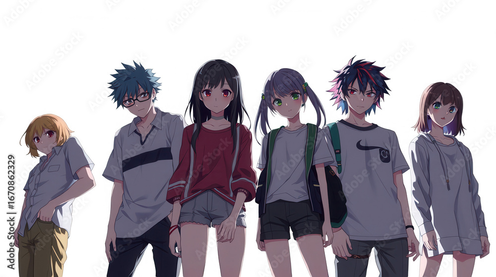 Fototapeta premium Seven diverse anime characters stand together showcasing distinct looks and styles with a bright minimalistic background emphasizing their individuality