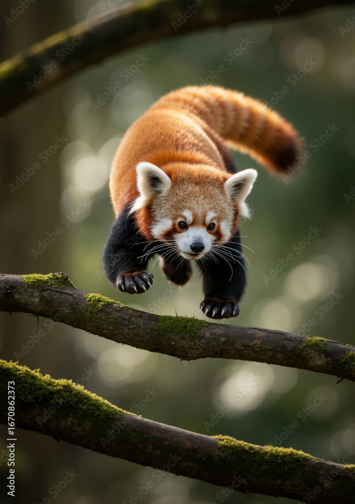 Obraz premium Red panda leaping between mossy branches. Dynamic action shot of a cute and agile wild animal in the forest.