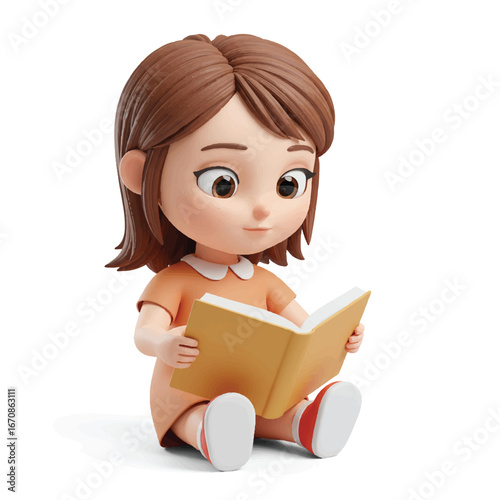 A cartoon girl sitting cross-legged reading a book with an orange dress and white background in a 3D illustration style.