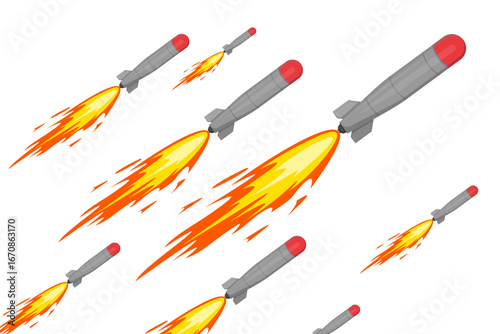 Multiple Flying Rocket Missile Launch Vector Graphic Illustration of Destructive Mass Ballistic Attack with Aggressive Fire Trail Isolated on White EPS Design
