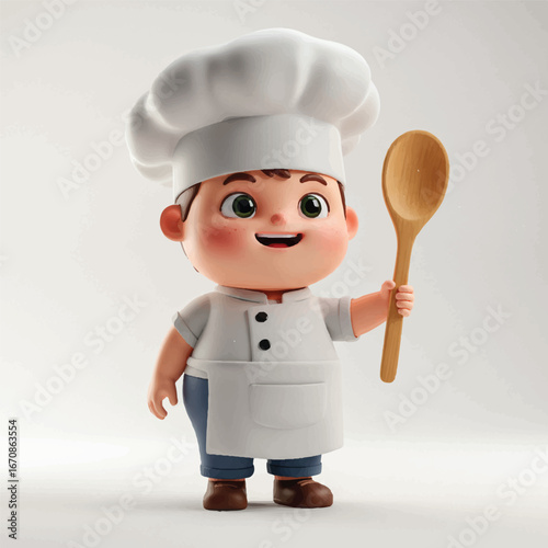 Cheerful cartoon chef boy holding wooden spoon on white background