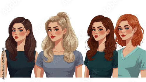 Four animated female characters display various hairstyles showcasing different hair colors and styles in a vibrant and artistic manner