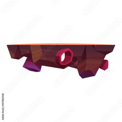Fantasy floating island with a hole in the middle and lava at the top