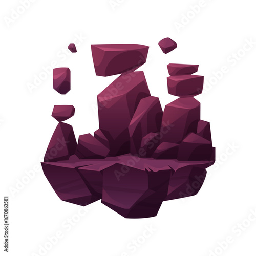 Mysterious floating island illustration with jagged rocks in a deep purple color