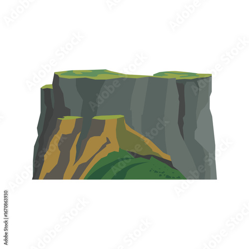 Illustration of a rocky cliff with green grass and foliage against a white background