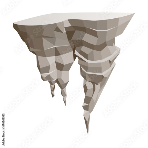 An isolated geometric rock formation with icicles hanging downwards