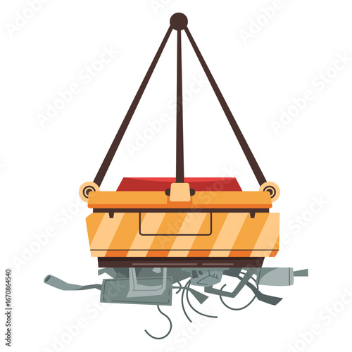 Industrial electromagnet lifting scrap metal, concept of recycling and waste management