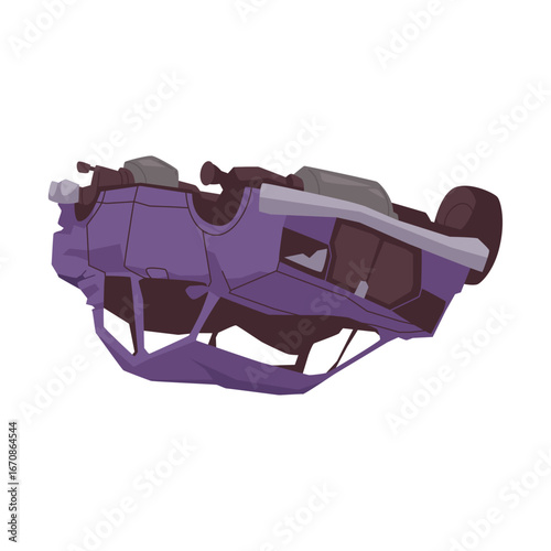 Isolated vector illustration of a purple car flipped upside down after an accident