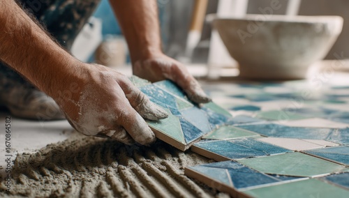 Worker placing colorful mosaic tile