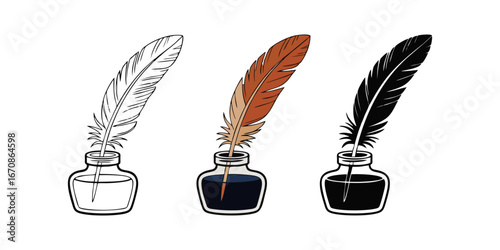 Creative stationery vector featuring feather quill with brown tones ink bottle artwork outlined version and silhouette format