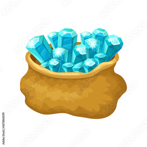 A fantasy treasure sack overflowing with valuable glowing blue crystals and gems