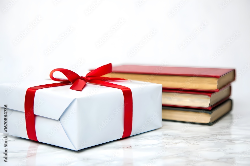 Fototapeta premium White gift box with red ribbon, beside stack of books; minimalist, elegant, celebratory mood.