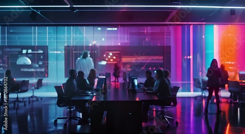 Silhouettes of People Working in a Modern Office with Data Visualizations on Large Screens