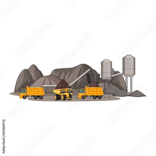 Industrial mining operation featuring heavy dump trucks transporting raw materials from a quarry