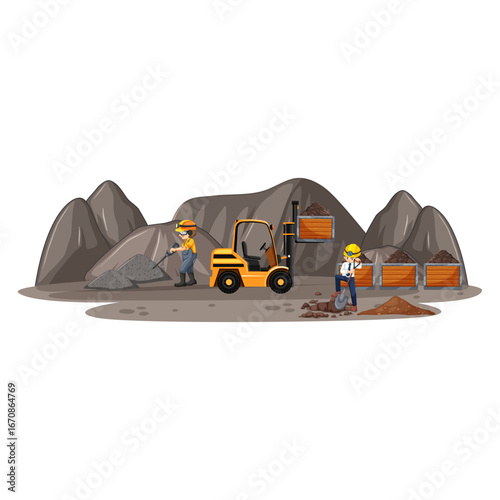 Illustration of an active construction or mining site with diligent workers and heavy equipment