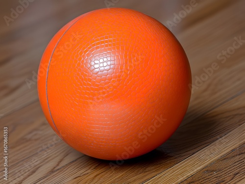 Close-up Orange Croc Skin Texture Ball on Wooden Floor