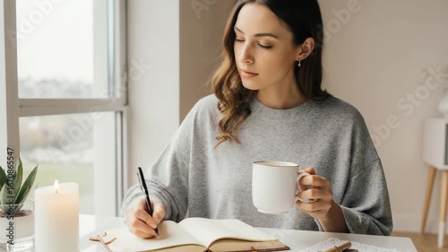 Young woman journaling at home with coffee and candle in cozy setting near window