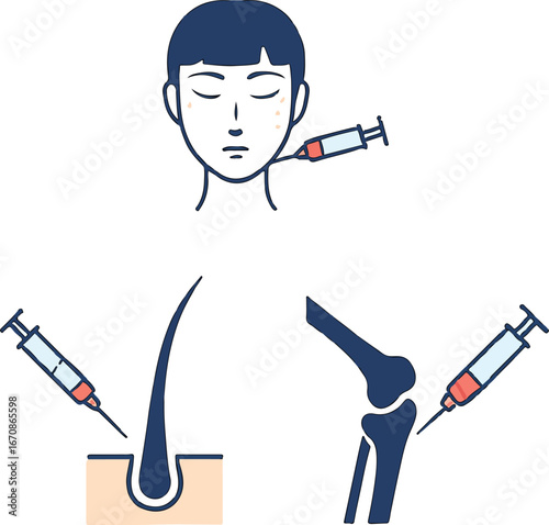 Flat Design Illustrations of Wound Healing, Facial Rejuvenation, Hair Regrowth, and Joint Treatment Procedures in Regenerative and Aesthetic Medicine